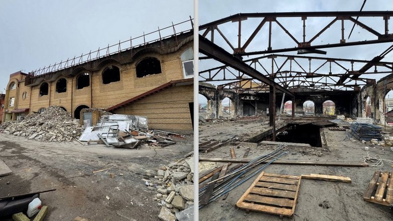 В Мичуринске демонтируют кровельные фермы главного корпуса сгоревшего Центрального рынка