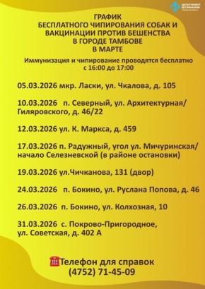 График бесплатного чипирования собак и вакцинации против бешенства в Тамбове на март