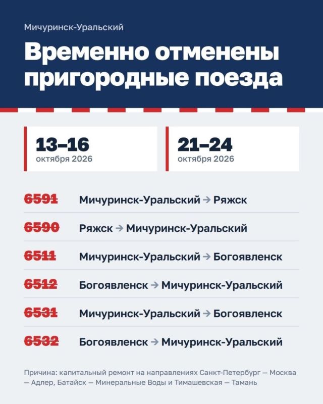В Тамбовской области временно отменили рейсы ряда пригородных поездов